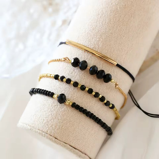 4Pcs Black Glass Stone Bracelet Set for Women – Boho Handmade Jewelry