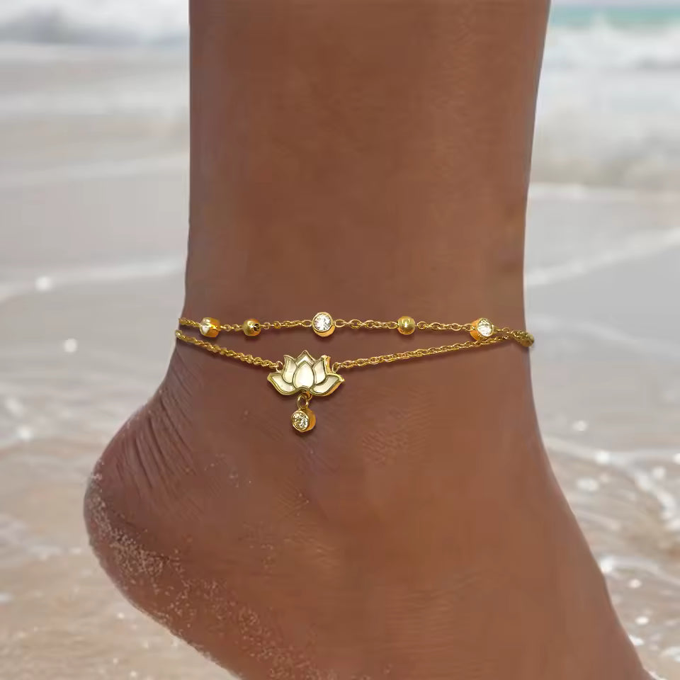 Multi-Layer Zirconia Lotus Anklet for Women – Stainless Steel Summer Jewelry