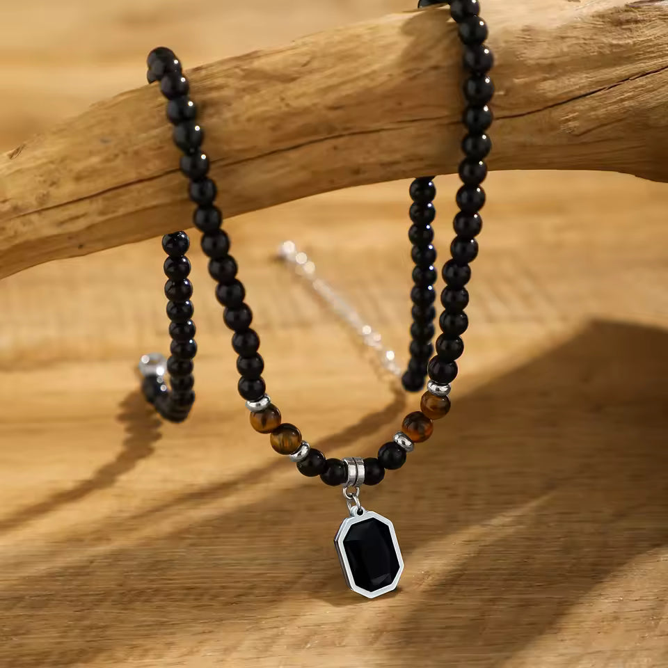Black Tiger Stone Beaded Necklace for Men – Stainless Steel Pendant Choker