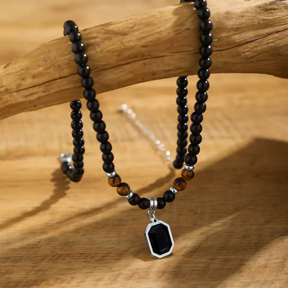 Black Tiger Stone Beaded Necklace for Men – Stainless Steel Pendant Choker