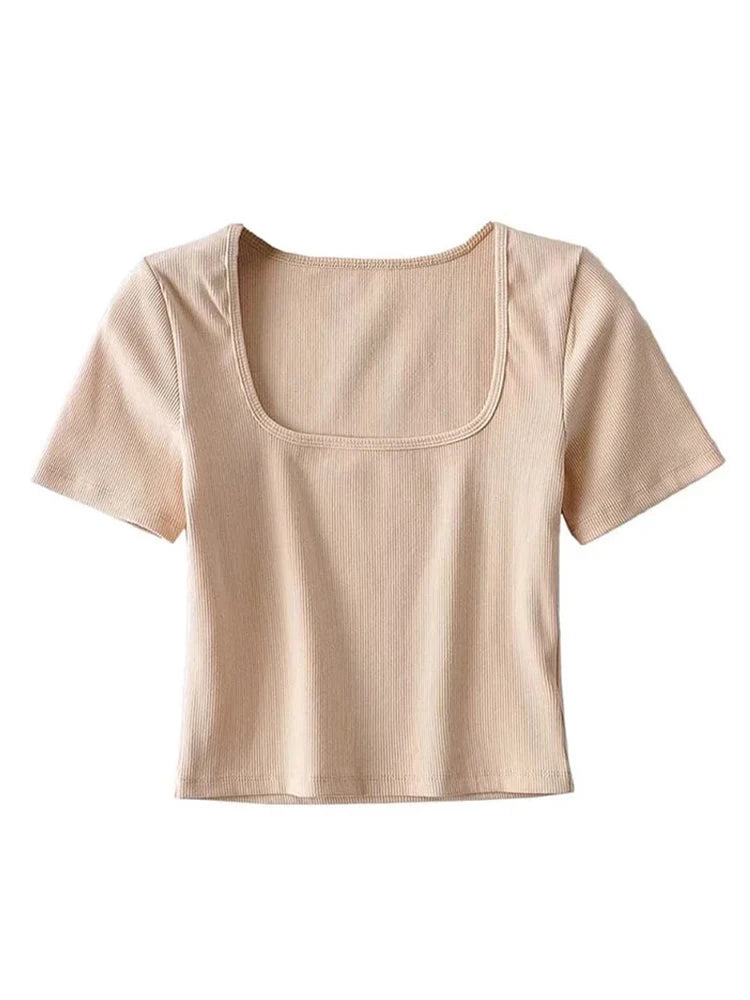 Women’s Square Neck Ribbed Crop Tee Short Sleeve Top