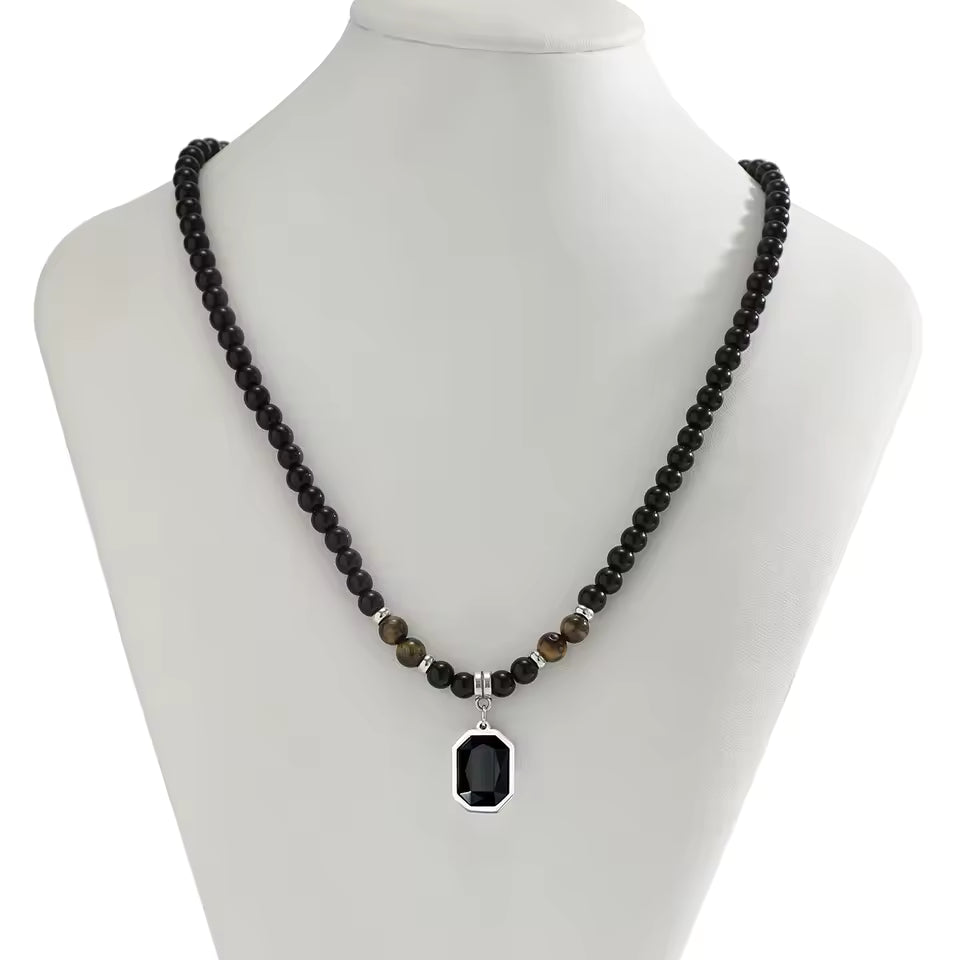 Black Tiger Stone Beaded Necklace for Men – Stainless Steel Pendant Choker