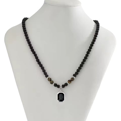 Black Tiger Stone Beaded Necklace for Men – Stainless Steel Pendant Choker