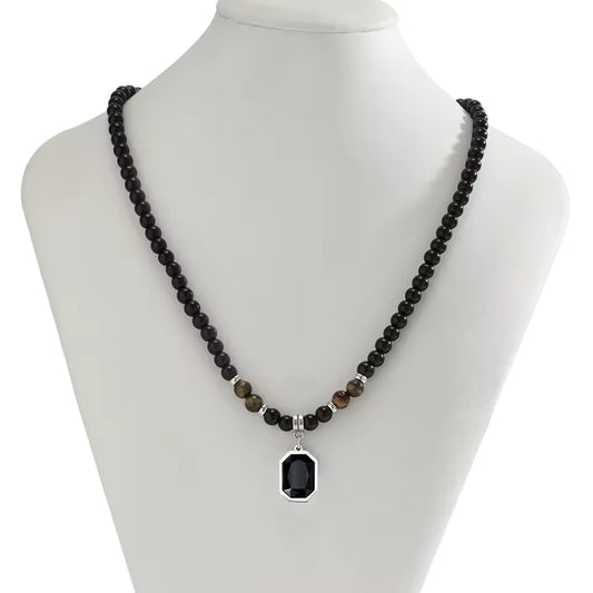 Black Tiger Stone Beaded Necklace for Men – Stainless Steel Pendant Choker