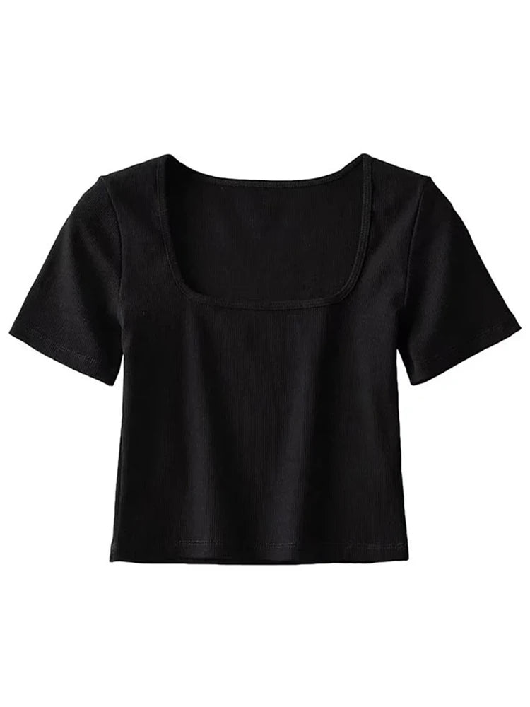 Women’s Square Neck Ribbed Crop Tee Short Sleeve Top
