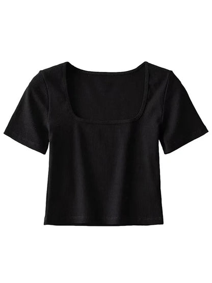 Women’s Square Neck Ribbed Crop Tee Short Sleeve Top