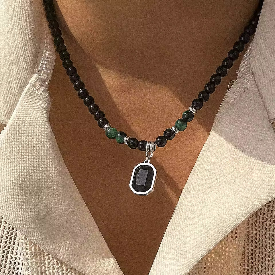 Black Tiger Stone Beaded Necklace for Men – Stainless Steel Pendant Choker
