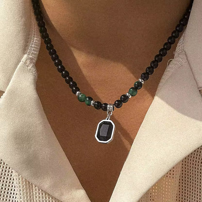 Black Tiger Stone Beaded Necklace for Men – Stainless Steel Pendant Choker