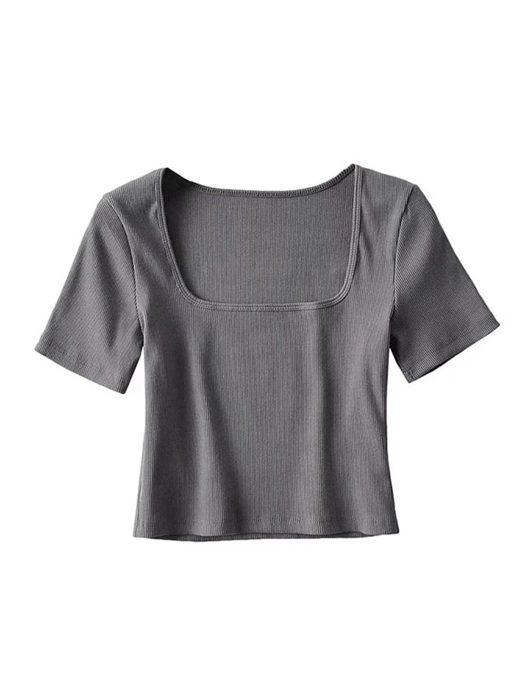 Women’s Square Neck Ribbed Crop Tee Short Sleeve Top