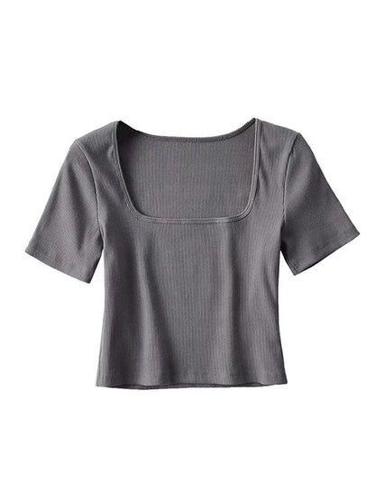 Women’s Square Neck Ribbed Crop Tee Short Sleeve Top