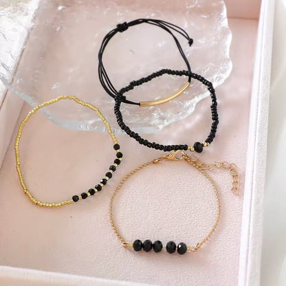 4Pcs Black Glass Stone Bracelet Set for Women – Boho Handmade Jewelry