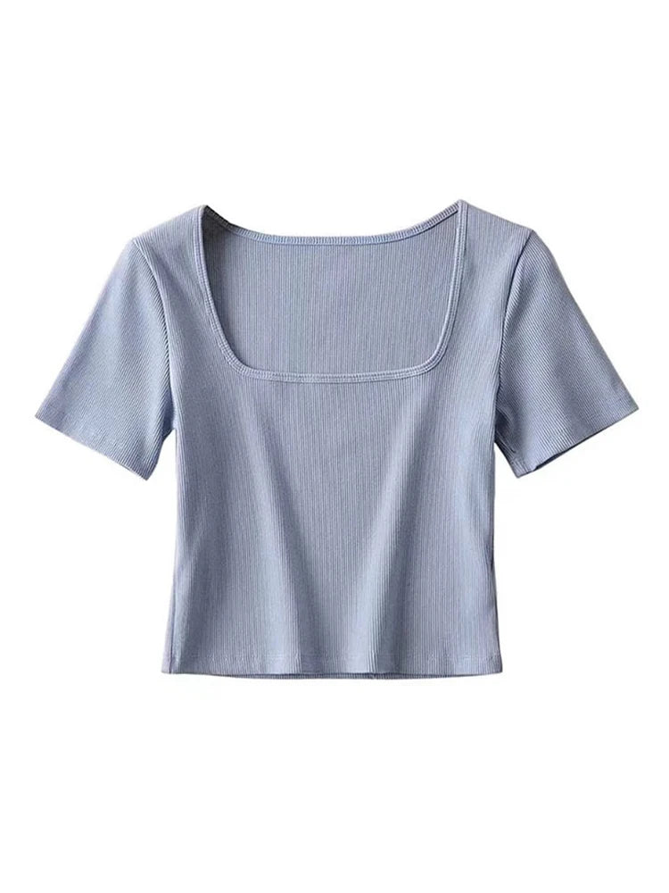 Women’s Square Neck Ribbed Crop Tee Short Sleeve Top