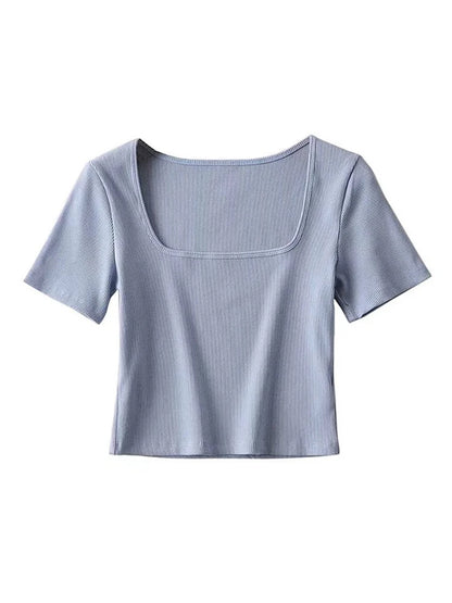 Women’s Square Neck Ribbed Crop Tee Short Sleeve Top