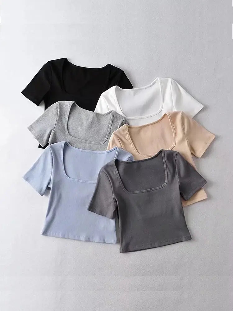 Women’s Square Neck Ribbed Crop Tee Short Sleeve Top