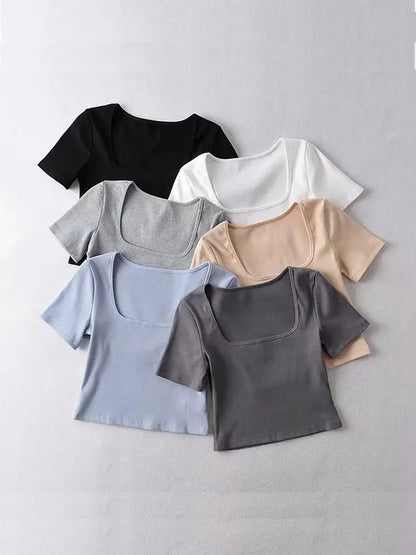 Women’s Square Neck Ribbed Crop Tee Short Sleeve Top