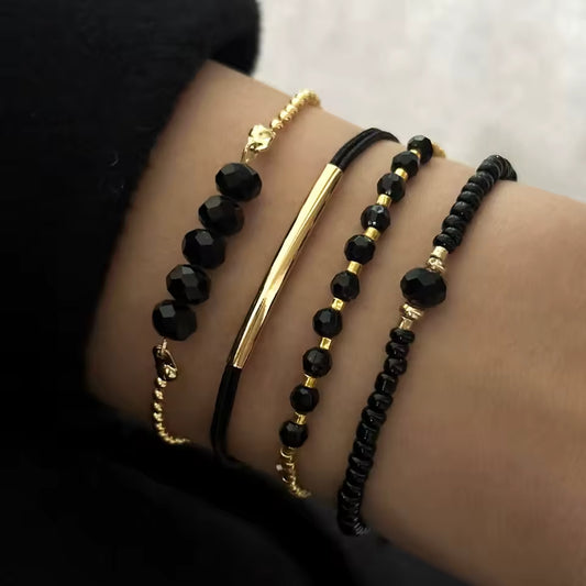 4Pcs Black Glass Stone Bracelet Set for Women – Boho Handmade Jewelry